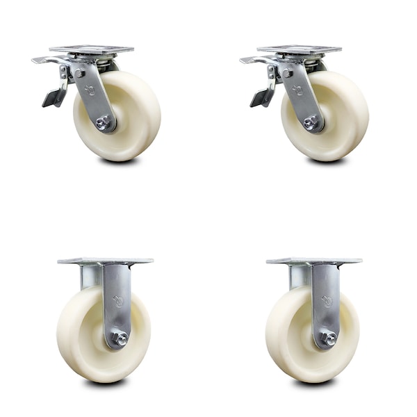 6 Inch Nylon Caster Set with Roller Bearings 2 Brakes 2 Rigid
